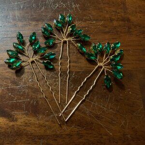 3 Green Rheinstone Bobby Pins